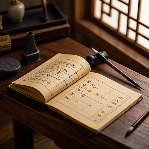 In an antique study, an ancient thread - bound fortune - telling book is spread out on a wooden desk. On the pages, there is a diagram of the relationships among the Earthly Branches, with different colored lines marking the breaking relationships such as Yin breaking Si and Si breaking Shen. In the diagram, Wei and Xu are connected by a special symbol to represent Wei breaking Xu. There are a writing brush and an inkstone placed beside it. Soft light shines through the window, illuminating the desk and creating a mysterious and quiet atmosphere. The overall picture is simple and clean, without text or symbols.