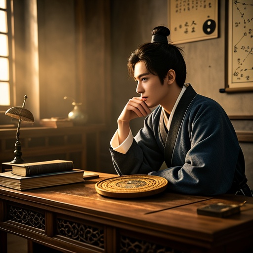 In an antique study, an ancient desk is placed with a Bagua compass and numerology books. Soft warm light shines in obliquely from the window, illuminating the constellation chart hanging on one side of the wall. The Hermit Star and the Supreme Polaris Nobleman on the chart are highlighted by special light and shadow. A young man in traditional clothing is resting his chin on his hand, staring at the compass and deep in thought. A mysterious veil pervades the surroundings, creating a quiet and mysterious atmosphere, presenting a scene of the discussion on Bazi numerology and metaphysics.