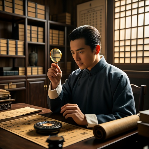 In a quiet Chinese - style study, antique bookshelves are lined up around. In front of the window, a person in traditional clothing with extraordinary temperament is concentrating on research. There are a Bagua plate and ancient books and scrolls on the table. The sun shines through the window, forming soft light and shadow. The person has a sharp look in the eyes and is holding a magnifying glass to observe a facial feature diagram. There is a feng shui layout diagram hanging on the wall beside. The background is blurred to highlight the subject's state of concentrating on exploring metaphysics, creating an overall mysterious and knowledge - seeking atmosphere without text symbols.