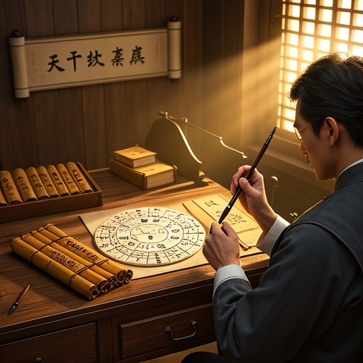 In an ancient - style study, an old astrological chart with heavenly stems and earthly branches is placed on a wooden desk, and some bamboo slips painted with patterns of the mutual generation and restraint of the five elements are scattered beside it. The sun shines through the window on the astrological chart, illuminating the signs of metal, wood, water, fire, and earth. There are scrolls with the names of the ten gods hanging on the wall. In the picture, a scholar - like person is holding a writing brush and thinking in front of the astrological chart. The light and shadow are intertwined around, creating a mysterious atmosphere. There are no words or symbols in the picture.