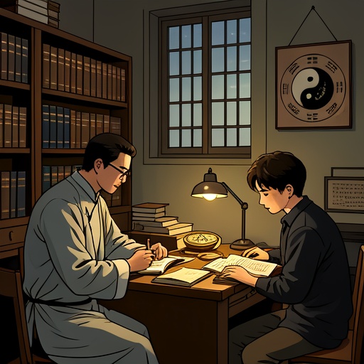 A scene of an indoor study with soft warm light. One side of the bookshelf is filled with metaphysical ancient books. A fortune - teller in a simple and elegant robe is concentrating on analyzing the birth - chart for a client. There are a compass and fortune - telling books on the table. On the other side, a young man is studying metaphysical materials under a desk lamp. A faint light shines in through the window, illuminating their serious faces. There is a Taiji diagram hanging on the wall next to them. The whole picture creates a mysterious and rational atmosphere, with natural movements of the characters and focused facial expressions.