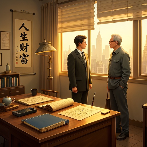 A scene of an indoor study with soft warm light. There are ancient thread - bound Bazi fortune - telling books placed on a wooden desk, with the pages half - opened. There is an ancient brush and an inkstone beside it. A scroll with the words 'Life and Wealth' is hanging on one side of the wall. Two people are standing in front of the window. A young man looks eager, and an older man looks calm. They are both looking out at the bustling city, and the sunlight shines on them, creating an atmosphere of thinking and discussing the topic of wealth.