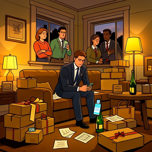In a luxurious living room, a young entrepreneur is sitting on the sofa, surrounded by piles of luxury product packaging boxes, and various invoices are thrown on the ground. An empty champagne bottle is placed on the table beside him. He looks worried, and his mobile phone shows a page of financial deficit. Outside the window, there are several people who look like friends. Some are looking in jealously, and some are whispering. The warm yellow light in the room creates a depressing atmosphere. The people and objects have a strong sense of three - dimensionality, and the picture is high - definition and realistic.