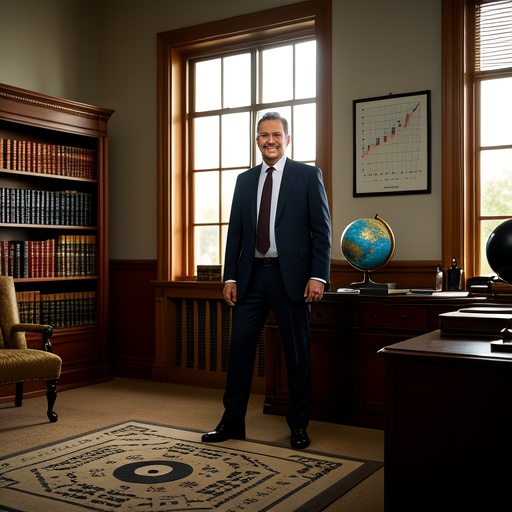 In a bright study, a successful middle - aged entrepreneur stands in front of the window, smiling confidently. The sunlight shines in from outside the window, illuminating his figure. There are business charts hanging on the wall beside, and documents and a globe are placed on the desk. A traditional Chinese Bagua fortune - telling chart is faintly visible on the floor. The bookshelf behind the entrepreneur is filled with business books. The light and shadow of the picture are soft, and the overall color tone is steady and grand, showing the confident scene of a middle - aged entrepreneur reaping wealth with mature mind and social connections.