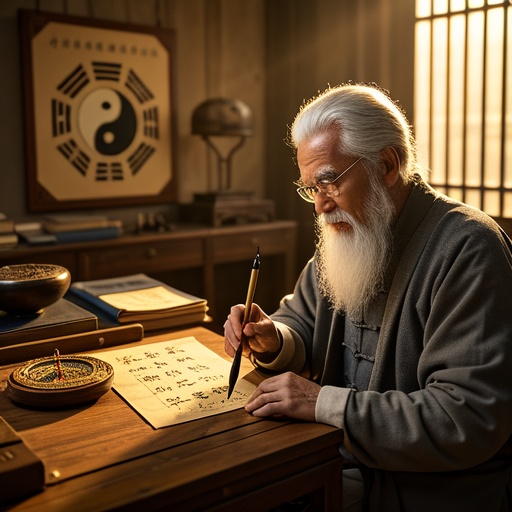 In an ancient - style Chinese study, there is an old - fashioned wooden desk with yellow paper inscribed with birth dates, a writing brush, and a compass on it. An old man with a long beard is concentrating on calculating the major cycles and annual flows on the paper with a writing brush, and there are some ancient books on destiny theory beside him. The sunlight shines through the window and forms light and shadow on the desktop. There is a Taiji and Bagua diagram hanging on the wall of the study, creating a mysterious atmosphere. The overall picture has a warm yellow color, highlighting the traditional charm.