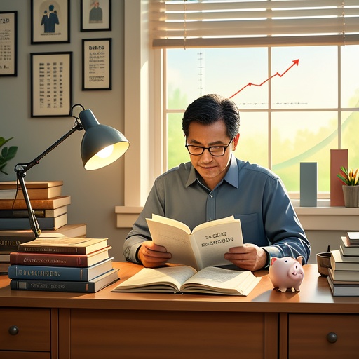 In a bright study, the wooden desks are neatly arranged, with several books on them, such as 'Financial Management' and 'Marketing'. There are some inspirational paintings hanging on the adjacent wall. A middle - aged man is sitting at the desk, reading intently, and the desk lamp emits a soft warm light. Sunlight shines in through the window, illuminating a corner of the room where there is a chart showing an upward - trending line. Not far away, there is a piggy bank with some financial information beside it. The overall picture is warm and full of hope, with a realistic style.