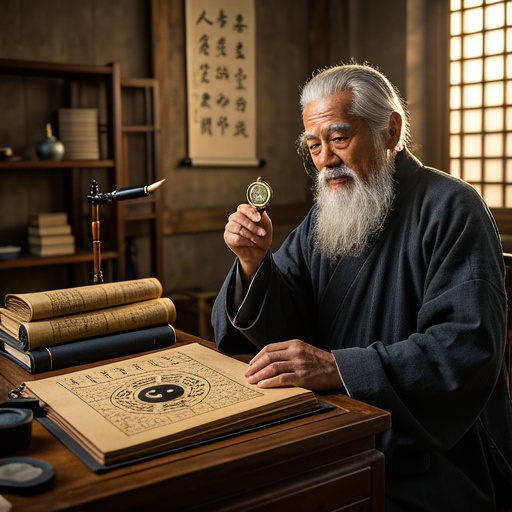 In an antique study, there is an ancient - style desk with an open ancient book on it. The pages of the book are painted with the patterns of the Yin - Yang and the Eight Trigrams. There are a writing brush and an inkstone beside it. An old bearded man in traditional clothing is holding a compass and concentrating on his research. The sunlight shines in through the window, illuminating the room. There is a calligraphy scroll about life fortune hanging on the back wall. The whole picture creates a mysterious, quiet and traditional fortune - telling cultural atmosphere.