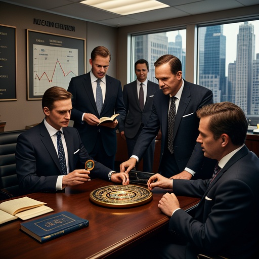 In a luxurious private office, several well - dressed successful entrepreneurs are sitting around chatting. On the background wall are charts of industries such as technology, finance, and manufacturing. There are ancient books on the Book of Changes and feng shui compasses on the table. Soft lighting creates a mysterious atmosphere. The entrepreneurs look concentrated. Some are holding magnifying glasses to study the compass, and some are flipping through ancient books, showing their discussion of the Book of Changes. The bustling city outside the window implies their status in the business world and reflects the scene where the study of the Book of Changes is integrated into their careers and lives.