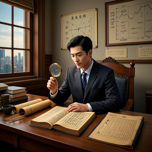 In an antique Chinese-style study, there is an ancient desk with a thread-bound ancient book on destiny theory spread out on it. Beside it, there are bamboo sticks with Heavenly Stems and Earthly Branches written on them. In front of the desk, an entrepreneur in a suit is holding a magnifying glass and studying content related to destiny theory. There are business planning charts hanging on the wall. Soft warm yellow light shines in from the window on one side, illuminating the whole scene. The bustling city street view is faintly visible outside the window, showing the integration of traditional destiny theory and modern enterprise decision-making.