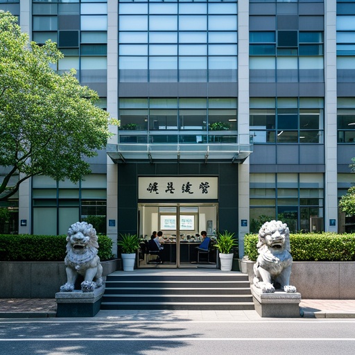 The appearance of a modern office building with convenient transportation and surrounded by green trees and a beautiful environment. Inside the office building, the layout of the office area is reasonable, and employees are concentrating on their work in a clean and comfortable environment. There are green plants on the desks. In the meeting room, there are calligraphy and paintings with auspicious meanings hanging on the wall. At the company entrance, there is a majestic stone lion on each side. The overall picture is well - lit with soft light, creating a positive, stable and reliable atmosphere.