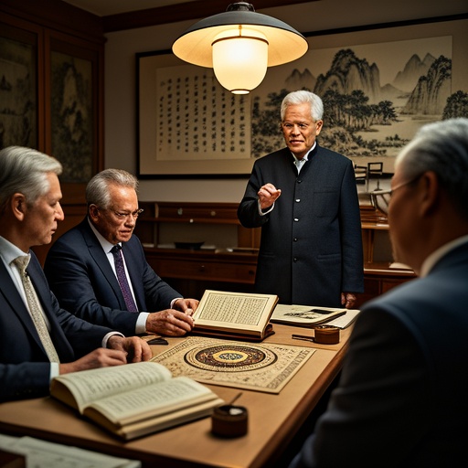 A gracefully decorated meeting room with traditional Chinese ink paintings hanging on the walls. Several entrepreneurs are sitting around. One of them is concentrating on flipping through a thread-bound ancient book on BaZi fortune-telling, and a Feng Shui compass is placed beside it. An elderly master of the study of the Book of Changes is standing in front of the enterprise planning map, gesturing and explaining, with soft lighting shining down. There are open books related to Feng Shui in the corner. The overall color tone of the picture is rather antique, showing entrepreneurs seriously discussing the relationship between traditional culture and enterprise development, without text symbols.