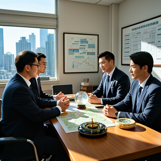 In a modern commercial office, sunlight shines through the window on a wooden conference table. There are city maps and Feng Shui ornaments such as crystal balls and compasses on the table. Several private entrepreneurs are sitting around. Some are gesturing and discussing, and some are deep in thought. There are enterprise planning charts hanging on the wall, and there is a bustling city street view outside the window. The overall lighting is bright, creating a positive atmosphere, showing the scene where an enterprise uses Bazi numerology and Feng Shui elements for planning and decision - making to promote development.