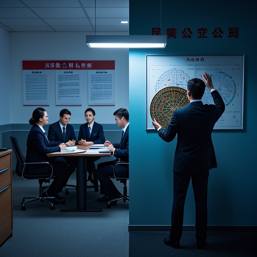 A modern office scene. On one side is the area of a state - owned enterprise, where several people in formal suits are sitting around a conference table. There are policy documents hanging on the wall and market research reports on the table. The lighting is bright, showing an atmosphere of rational decision - making. On the other side is the area of a private enterprise, where someone is holding a Feng Shui compass and there are numerology charts hanging on the wall. The atmosphere is mysterious. The two form a sharp contrast, and the lighting highlights this difference. The overall color of the picture is harmonious and natural.