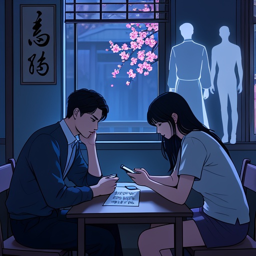 In a dim room, a couple is sitting facing each other. The boy frowns, looking confused and worried. The girl avoids eye contact and frequently looks at her phone. There is a piece of paper with the Bazi information of both on the table. Faint light shines through the window, stretching their shadows. Not far on the wall, there is a blurry peach blossom picture. There are two virtual human outlines beside it, one is 185 cm tall and slender, the other is 175 cm and looks ordinary, hinting at a potential emotional crisis. The overall color tone is cold.
