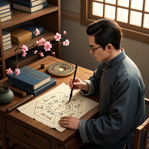 In an antique study, there is an ancient - style desk with fortune - telling books and a Bagua compass on it. A fortune - teller in traditional clothing is holding a writing brush and pondering over a piece of rice paper with eight - character destiny written on it. There is a simple peach - blossom diagram beside it, marking different palace positions and connecting relevant explanations with lines. The light shines through the window, illuminating the desktop and creating a mysterious atmosphere. There are no words or symbols in the picture.