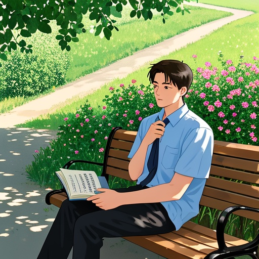 On a sunny park bench, a young man looks calm. The flower bushes beside him symbolize the peach blossom crisis. There is a winding path behind the man, which implies the path of growth. He holds a book about Bazi numerology in his left hand and tidies his neat clothes with his right hand. The overall lighting is bright, mainly in warm tones, showing a positive attitude. The surrounding is surrounded by green plants, and the gentle breeze blows the leaves, reflecting a relaxed atmosphere, suggesting that we should correctly view the relationship crisis, improve ourselves, and then welcome the right partner.