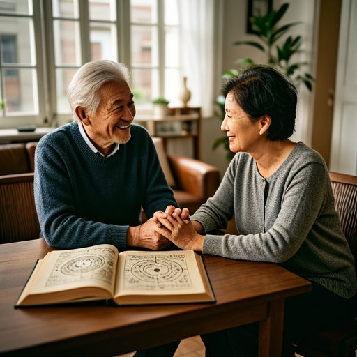 In a warm living room under soft warm light, a couple sits face to face with smiles, holding hands. There is an open ancient divination book on the table beside them, with obscure Bagua patterns on the pages. There are simple feng shui ornaments in the corner of the living room, surrounded by green plants. The sunlight shines in from the window, casting faint light and shadows. The overall tone of the picture is warm, showing the harmony after their relationship improvement, implying the positive effects brought by the eight - character destiny analysis and adjustment.