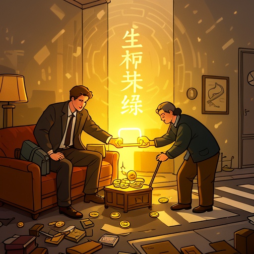 A painting symbolizing fortune. On the left side of the picture, a second - generation rich is squandering recklessly in a luxurious living room, with messy items around and dim light. On the right side, an ordinary person is helping an old man cross the road on the street, and the sun illuminates the picture. The two sides are connected by a glowing account graphic in the middle, where good karma and blessings flow in and out like gold coins. There are blurred Bazi numerology symbols flickering in the background, hinting at the relationship between fortune and numerology. The overall color tone is warm, highlighting the theme.