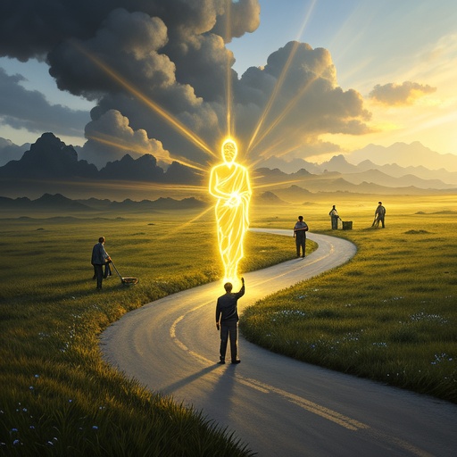 A picture symbolizing karma and blessings. In the center of the picture, a person stands on a winding road. On one side of the road, the sky is overcast with dark clouds, representing the setbacks and difficulties brought by bad karma; on the other side, the sun is shining brightly, symbolizing the blessings brought by good karma. There are some light and shadow floating beside the person, representing the three karmas of body, speech, and mind respectively. In the distance, there are scenes of people doing good deeds, such as releasing captive animals, helping parents with work, picking up garbage and being volunteers. The overall light and shadow are soft, and the color tone transitions from dark to bright, reflecting the elimination of karma and the turning of fortune.