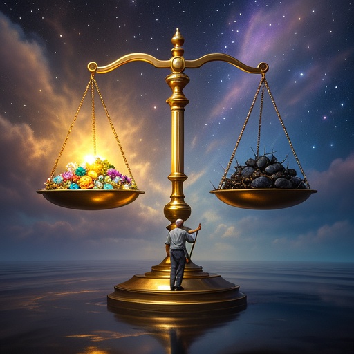 The picture is a huge golden balance. The left and right ends represent blessings and karma respectively. One side of the balance is illuminated by bright and soft light, filled with bright gems, flowers, etc. symbolizing blessings; the other side is darker, with black stones and thorns symbolizing karma placed on it. In the middle, there is a person in simple clothes. When he does a kind deed, the end of blessings rises and the light becomes brighter; if he has bad behavior, the end of karma sinks and the shadow expands. The background is a flowing nebula, symbolizing the circulation of fate. The overall picture has a natural light and shadow transition and a realistic style.