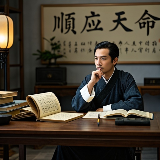 In a serene Chinese - style study, an ancient thread - bound book on the theory of the eight - character horoscope is placed on an antique desk. The pages are half - opened, and there is a writing brush and an inkstone beside it. Soft light shines through the window, illuminating the room. A person in traditional clothing is sitting quietly in front of the desk, resting his chin on his hand and deep in thought. On the wall behind, there is a calligraphy scroll with the words 'Comply with the will of heaven' (blurred to ensure no clear text), creating a quiet and命理 - filled picture.