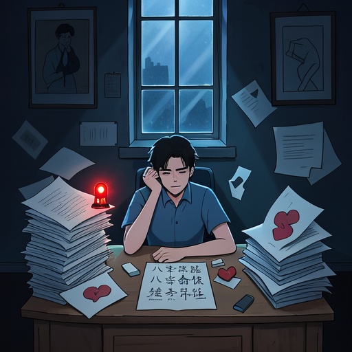 昏暗的房间里，一张古朴的书桌，桌上摆着写有八字命理符号（虚化处理不突出具体文字）的书卷。一位年轻人愁眉苦脸地坐在桌前，身旁围绕着代表困境的意象，如倒掉的工作文件堆代表工作被甩锅，破碎的心形代表感情问题，闪烁的红色警示灯代表身体亮红灯。柔和的阴影笼罩着场景，从窗户透进一丝微光，暗示探索应对之法的希望 。