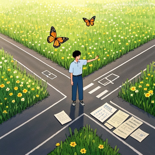 画面为一个站在十字路口的年轻人，周围道路延伸向不同方向，代表工作变动等潜在机遇。年轻人表情坚定，正伸手去触碰一只从旁边花丛中飞起的蝴蝶，象征勇于尝试新事物。脚下散落着一些写满心得的纸张，寓意积累的经验。整体光影明亮，暖色调为主，展现积极态度，画面无文字及符号。
