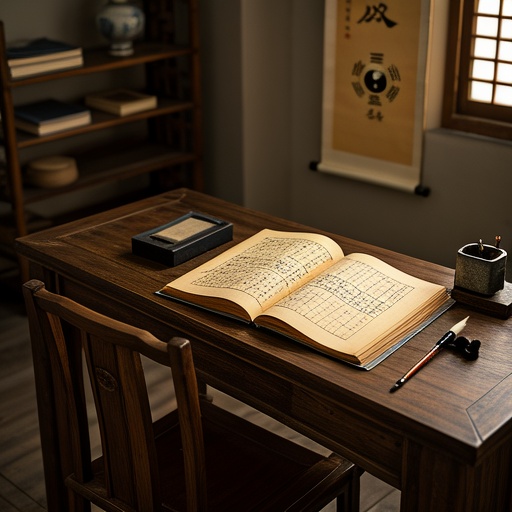 古色古香的书房内，一张古朴书桌，桌上摆放着一本古老线装命理书籍，书页翻开显示着五行生克图表。旁边有一支毛笔和一方砚台。墙壁上挂着一幅写有阴阳八卦图案的卷轴。柔和的光线从窗户透进来，照亮桌面。书桌前有一把椅子，整体氛围静谧神秘，暗示着八字命理探索，无文字与符号呈现。