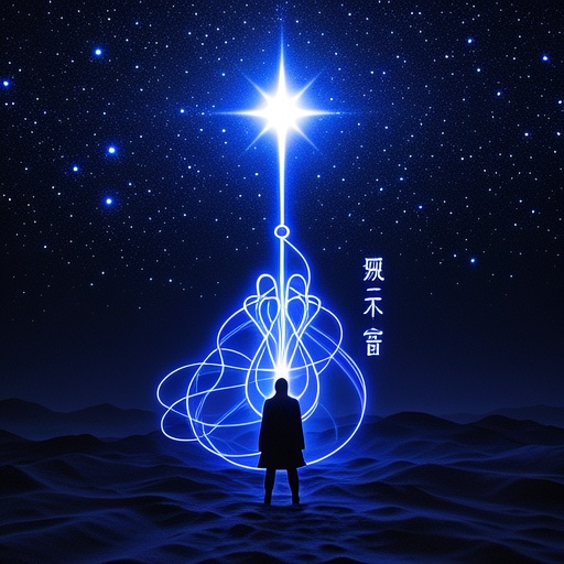 The stars are twinkling in the night sky, and an especially bright and unique star emits a faint light. Below, there is a vague human - shaped outline surrounded by mysterious air currents. Next to it, symbolic graphics of the Seven Kills and the Partial Seal are outlined with abstract lines, like a sharp sword and an ancient seal. The overall lighting creates a mysterious atmosphere, with the light scattering from the star to illuminate the figure and the symbolic graphics, without any text or symbols.