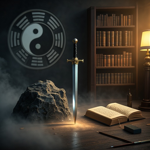 A mysterious and profound Chinese - style picture. On the left side of the picture, with the yin - yang and eight - trigrams pattern as the background, a sharp sword is inserted obliquely on the stone, and the blade emits a cold light, symbolizing Seven Killings. The surrounding is surrounded by clouds and mists, suggesting challenges and pressure. On the right side, an ancient bookshelf is filled with ancient books. A soft beam of light shines down. Next to an open ancient book, a writing brush is naturally placed, representing Partial Seal, reflecting unique thinking and creativity. The overall lighting creates a mysterious atmosphere without text symbols.