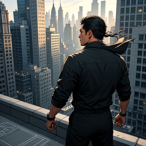 In the picture, a person in simple black clothing is standing on the rooftop of a city skyscraper, with their back to the bustling city and a determined profile. The strong wind beside them flutters the corners of their clothes, and the sunlight shines from the side, outlining a courageous and powerful silhouette. This person's eyes are fixed intently on the distance, showing inner firmness and resilience. Their calm expression is like that of an amiable and easy - going person in normal times, but the clenched fists reveal the hidden strength. There is a simple route planning map on the ground at their feet, highlighting their sense of purpose. The overall light - shadow contrast is strong, creating a calm and powerful atmosphere.
