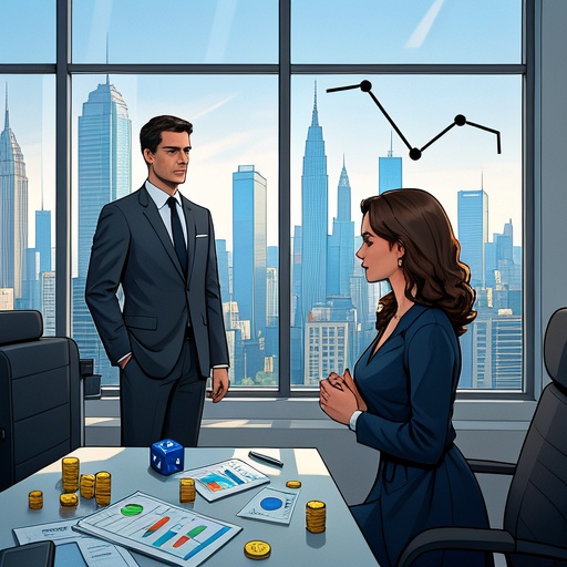In the center of the picture is a person looking like a workplace elite, standing in front of a huge cityscape window with a prosperous city skyline behind, showing career achievements. There are some black lines representing pressure and small independent frames symbolizing self beside, implying career challenges. In the love part, a man and a woman are facing each other. The man has a reserved expression and the woman looks confused, highlighting the contrast in love. In terms of wealth, there are charts and investment materials on the table, and there are gold coins and dice beside, implying risks. The overall lighting is bright, highlighting the main characters.