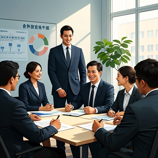 The picture shows a bright meeting room where people sitting around are smiling and communicating. Two main characters are highlighted. One looks determined, and the other has a reserved temperament, representing people with the Seven Killings and Partial Seal in their Bazi. The people around are looking at them with respect. There are documents and pens on the table. There is a chart of a cooperation project on one side of the wall. The soft light illuminates people's interactions, reflecting an atmosphere of respect and cooperation. There are green plants in the corner to add vitality. The whole picture shows a harmonious and positive scene of getting along, without any text or symbols.