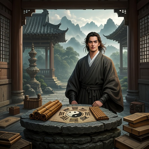 A Chinese-style picture shows an ancient courtyard shrouded in clouds and mist. A person in ancient clothing stands beside a stone table with a determined expression and a bold look in the eyes. There are bamboo slips with the Bagua symbols on the stone table, and there are also some ancient numerology books around. The light shines obliquely from one side, outlining the figure of the person and creating a mysterious atmosphere. There are faint mountains outside the courtyard, symbolizing the challenges and opportunities in life. The overall color tone of the picture is a combination of bronze and cyan, showing the profundity of Bazi numerology.