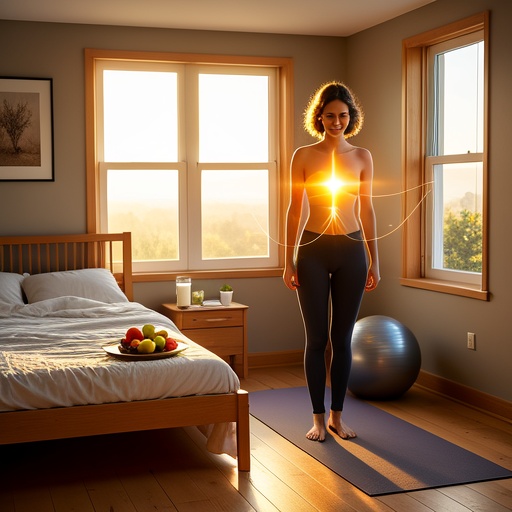 A warm indoor scene where sunlight shines through the window onto the wooden floor. A young woman with a rosy complexion is smiling and standing in the bedroom. There is a cup of hot milk and a plate of fresh fruits beside the bed. Not far away, there is a yoga ball on the yoga mat, suggesting good sleep and a healthy nutritional balance. The woman emits a faint and gentle halo, symbolizing good qi and blood. There are also some faint golden threads floating around her, implying the connection between qi and blood and fortune. The overall picture has a warm and bright color tone.