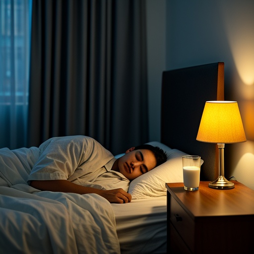 In a quiet bedroom, there is a soft big bed with comfortable bedding. There are blackout curtains beside the bed, blocking the outside light and creating a dark atmosphere. A young man is lying quietly in bed, with his eyes closed, breathing steadily, and a relaxed look on his face. There is a glass of warm milk on the table beside. The warm - yellow bedside lamp emits a soft light. The whole room is quiet and peaceful, presenting a comfortable sleeping scene.