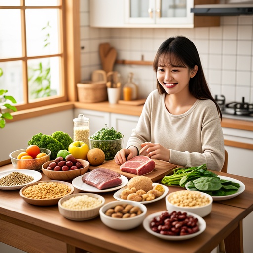 A warm kitchen scene with various ingredients neatly arranged on a wooden table. There are grains, fresh vegetables, colorful fruits, meats, and beans. There are also foods for nourishing qi and blood such as red dates, longan, pork liver, and spinach. The sunlight shines through the window on the ingredients, creating a soft light and shadow. On one side of the picture, a young girl is smiling and combining meat and vegetable ingredients to demonstrate a reasonable nutritional combination. The overall picture has a bright and natural color tone, reflecting a healthy and positive atmosphere.