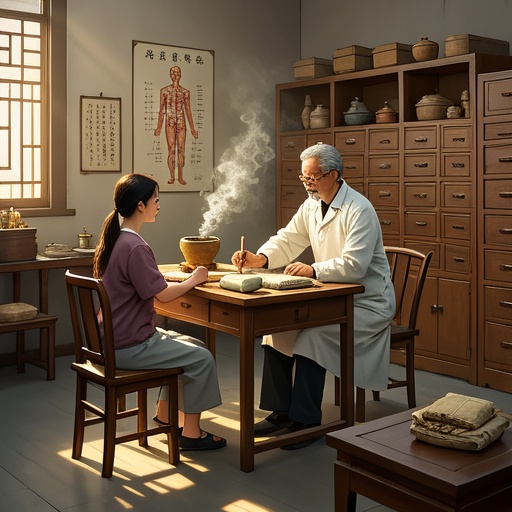 In an antique traditional Chinese medicine clinic, wooden tables and chairs are neatly arranged. An old traditional Chinese medicine doctor is diagnosing a young woman, and a pulse pillow is placed on the table. There is a human acupoint chart hanging on the wall beside, and there is an moxibustion box on the ground emitting curling green smoke. On the other side, the medicine cabinet is simple and elegant, and the names of various traditional Chinese medicines are engraved on the drawers. The sunlight shines into the room through the window, creating a warm and peaceful atmosphere, illuminating the medicine mortar where someone is pounding medicine and several bundles of wrapped traditional Chinese medicine beside it.