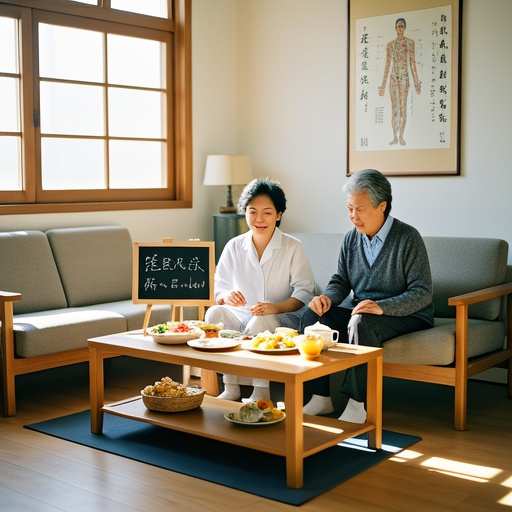 A warm indoor scene where sunlight shines through the window onto the wooden floor. A young person and a middle-aged and elderly person are sitting on a comfortable sofa. There are nutritionally balanced meals and health preservation tea on the coffee table in front of them. There is a traditional Chinese medicine meridian diagram hanging on the wall beside, and there is a yoga mat on the floor. In the background, a small blackboard with sleep suggestions is illuminated by soft lights. The overall picture has bright and warm lighting and fresh and natural colors, creating an atmosphere of valuing health preservation and actively embracing good luck.