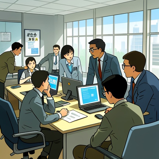 现代职场办公室场景，阳光透过窗户洒在会议桌上。一群人围坐讨论项目方案，角落一人看似发呆实则沉思。画面一侧，一人因工作枯燥对着电脑愁眉苦脸。另一侧，领导与一位员工起争执，员工坚定反驳。远处，团队分配任务时，有人争抢“好任务”，无视基础工作。整体光影明亮，人物表情生动，展现食伤多之人在职场的多样状态 。