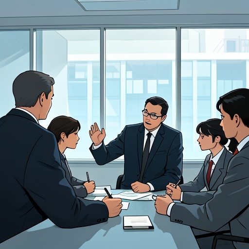 办公室场景，一张会议桌旁，几个同事围坐。一位食伤多的人正激动且强势地说着观点，打断旁人发言，部分同事面露不满，有隔阂氛围；但也有几位同事被其独特观点吸引。领导坐在主位，表情严肃。窗外透进自然光，照亮室内。食伤多的人若有所思，似在反思，整体画面色彩偏商务，人物动作神态生动自然。