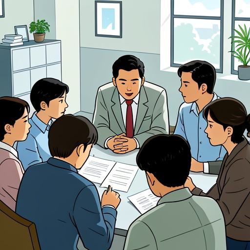 现代办公室场景，一群人围坐讨论。画面中心食伤多的人正高谈阔论，周围朋友和同事神态各异。朋友类型多样，穿着打扮暗示来自不同行业。部分同事点头认同，部分皱眉不满。明亮自然光从窗户照入，营造职场氛围。人物肢体有交流动作，背景有文件、绿植等装饰，画面无文字符号 。