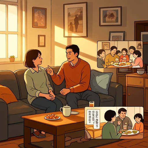 画面中是温馨的客厅，一对恋人坐在沙发上。男方表情丰富地讲述想法，女方专注倾听，周围布置体现共同爱好，光影柔和浪漫。旁边画面切换到家庭场景，一家人围坐讨论事情，食伤多的人正认真倾听家人意见，气氛融洽。整体画面色彩温暖，通过人物动作、神态展现情感生活与家庭关系状态。