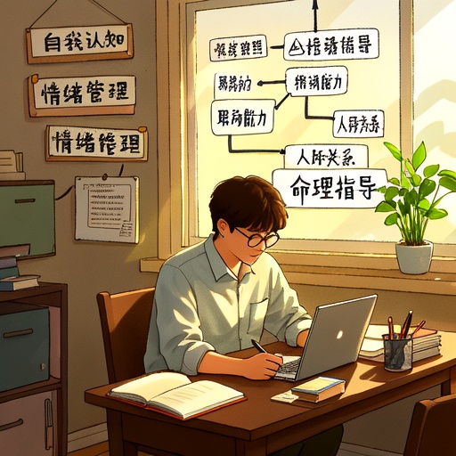 画面中心是一位年轻人坐在温馨书房里，面前桌上放着笔记本和笔。左边墙上挂着写有“自我认知”“情绪管理”“职场能力”“人际关系”“命理指导”的思维导图。右边摆放绿植增添生机。阳光透过窗户洒在年轻人身上，他神情专注若有所思。整体光影明亮柔和，营造沉稳宁静氛围，画面无文字及符号 。