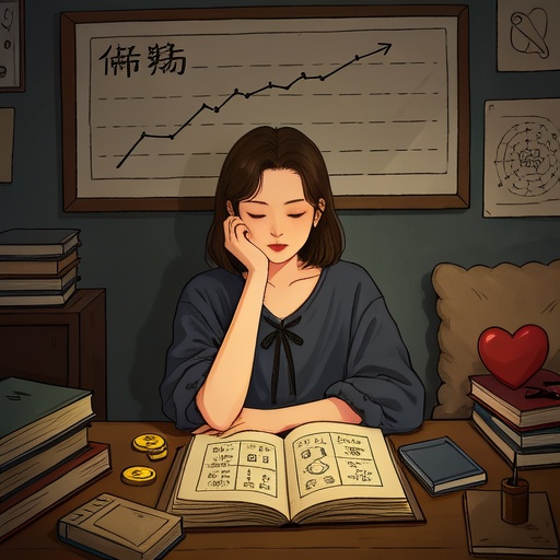 柔和的暖光下，一个人坐在书桌前，桌上摊着古老的命理书籍，页面画着神秘的八字符号（模糊处理）。此人手托下巴，表情若有所思。背后墙上挂着写有运势曲线（线条简单示意起伏）的画卷。旁边摆放着代表财务的金币和账本，以及象征感情的心形抱枕。整体氛围安静又略带思索感，风格写实细腻。