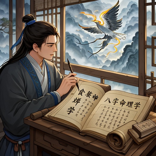 古色古香的书房内，一张古朴书桌，桌上摆放着写有“八字命理学”的古老线装书，书页翻开至食伤相关内容。旁边有一幅卷轴画，画中以抽象线条勾勒出食神化作灵动飞鸟，伤官幻化成跳跃火焰。光线从窗户透进来，照亮桌面。画面一侧，一个古装人物手持毛笔，若有所思，展现出内心涌动的思想、才华与创造力，背景是云雾缭绕的山水。