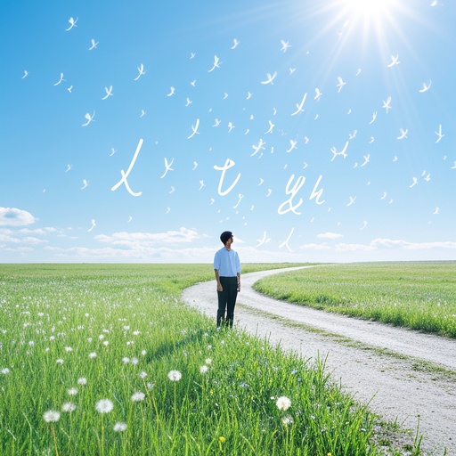 阳光明媚的户外草地场景，微风轻拂。一位年轻人站在中央，微微抬头，眼神坚定望向远方，身上散发自信光芒。周围有一些蒲公英种子随风飘散。旁边有一条蜿蜒小路，路的尽头是明亮开阔的远景。画面光影柔和，整体色调清新温暖，营造积极向上氛围，没有文字和符号 。