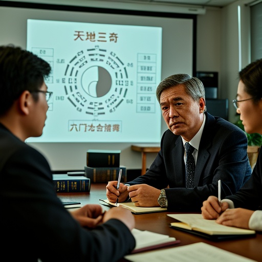 一间会议室模样的空间里，人们围坐讨论，投影幕上显示着天地人三奇、八门、八卦等八字命理相关概念图表。有人拿着笔在本子上记录，有人皱眉思考。光影从一侧窗户透进来，照亮部分桌面和人们的脸庞。画面后方摆放着一些古老线装书，书脊上隐约可见《渊海子平》《三命通会》字样 。