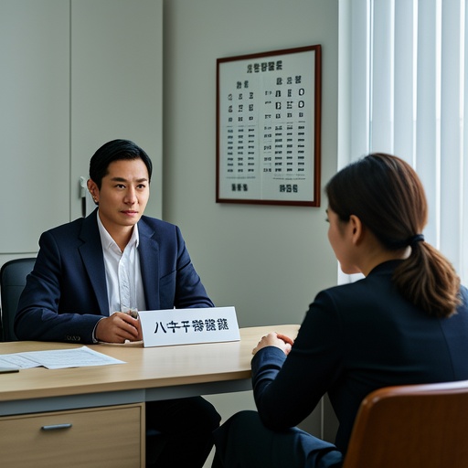 现代简约风格的办公室内，一位穿着得体的命理师坐在办公桌前，桌上摆着写有八字干支的纸张。对面是一位神情急切的恋爱脑女客户。一侧墙上挂着简单的八字元素图表，标注着日支、财星、官星等。柔和自然光从窗户透进来，照亮人物和桌面。整体画面色彩协调，营造专业又理性的氛围 。