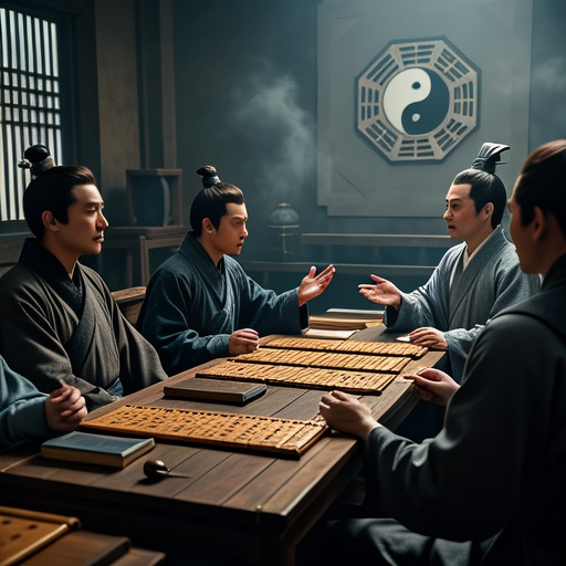 古色古香的室内，一张长桌旁围坐几人。桌上摆放着写有天干地支等八字命理元素的竹简、古籍。墙壁挂着阴阳八卦图。柔和的光线从窗棂透入，照亮人物专注探讨的神情。背景有缥缈云雾环绕，营造神秘氛围。人物形象气质文雅，手势自然，仿佛在热烈讨论八字命理学习、应用及行业规范相关话题。